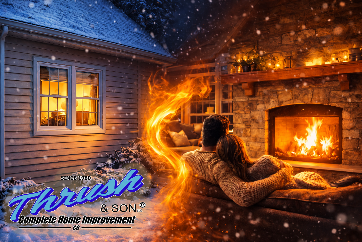 Insulated siding on a winter home exterior with snow, glowing windows and a family relaxing beside a warm fireplace in Dayton, Ohio during winter.