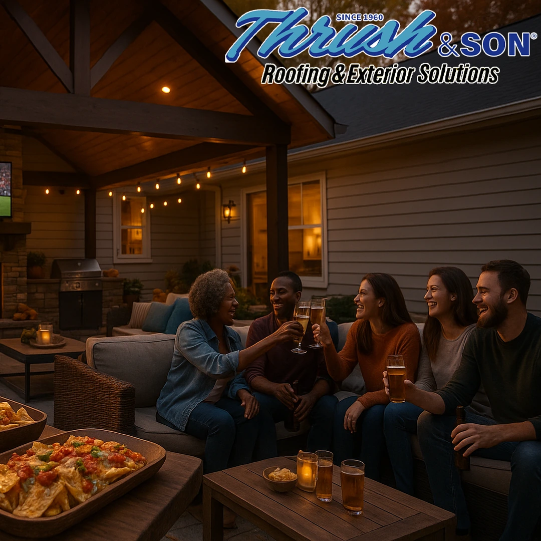 Fall football entertaining Dayton: friends toasting under an A-frame patio with fireplace and outdoor TV; wings and nachos on the table at dusk
